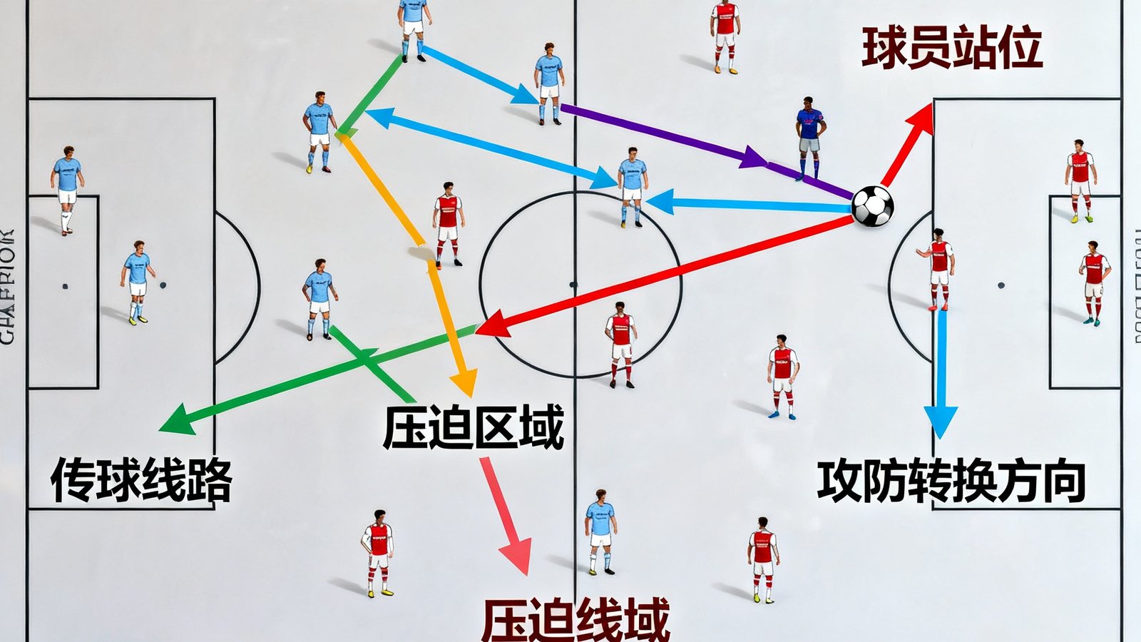 战术白板上的欧冠决赛阵型分析图，标注了曼城和阿森纳两队的球员站位、传球线路和压迫区域，彩色箭头指示攻防转换方向。